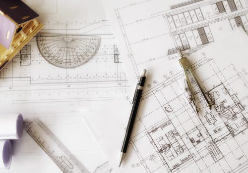 Image of engineering objects on workplace top view.Construction concept. Engineering tools.Vintage tone retro filter effect,soft focus(selective focus)